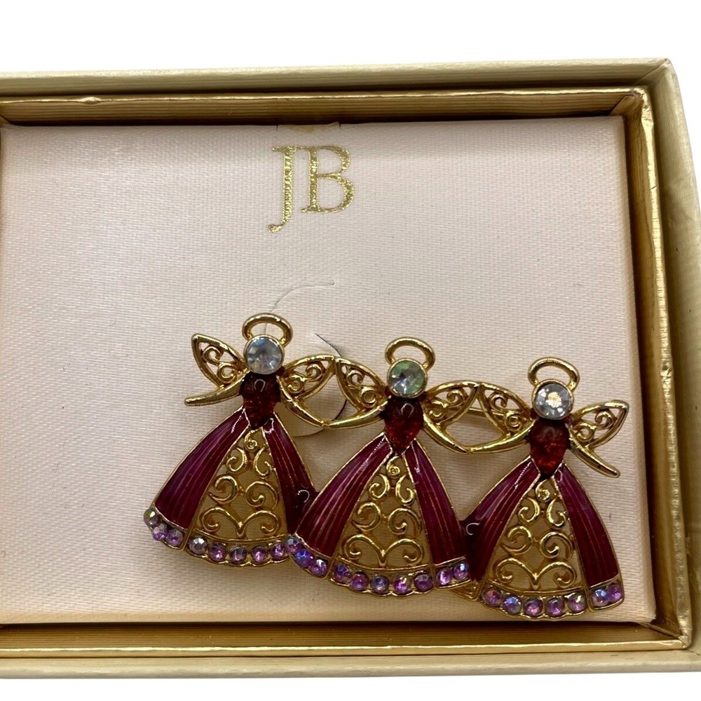 Beautiful Brooch Pin 3‎ Angels Gold Tone Purple Enamel Purple Brown Rhinestones